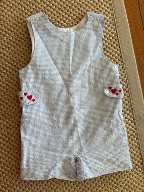 Little English Baby Blue Seersucker Jon Jon with Red Heart Accents